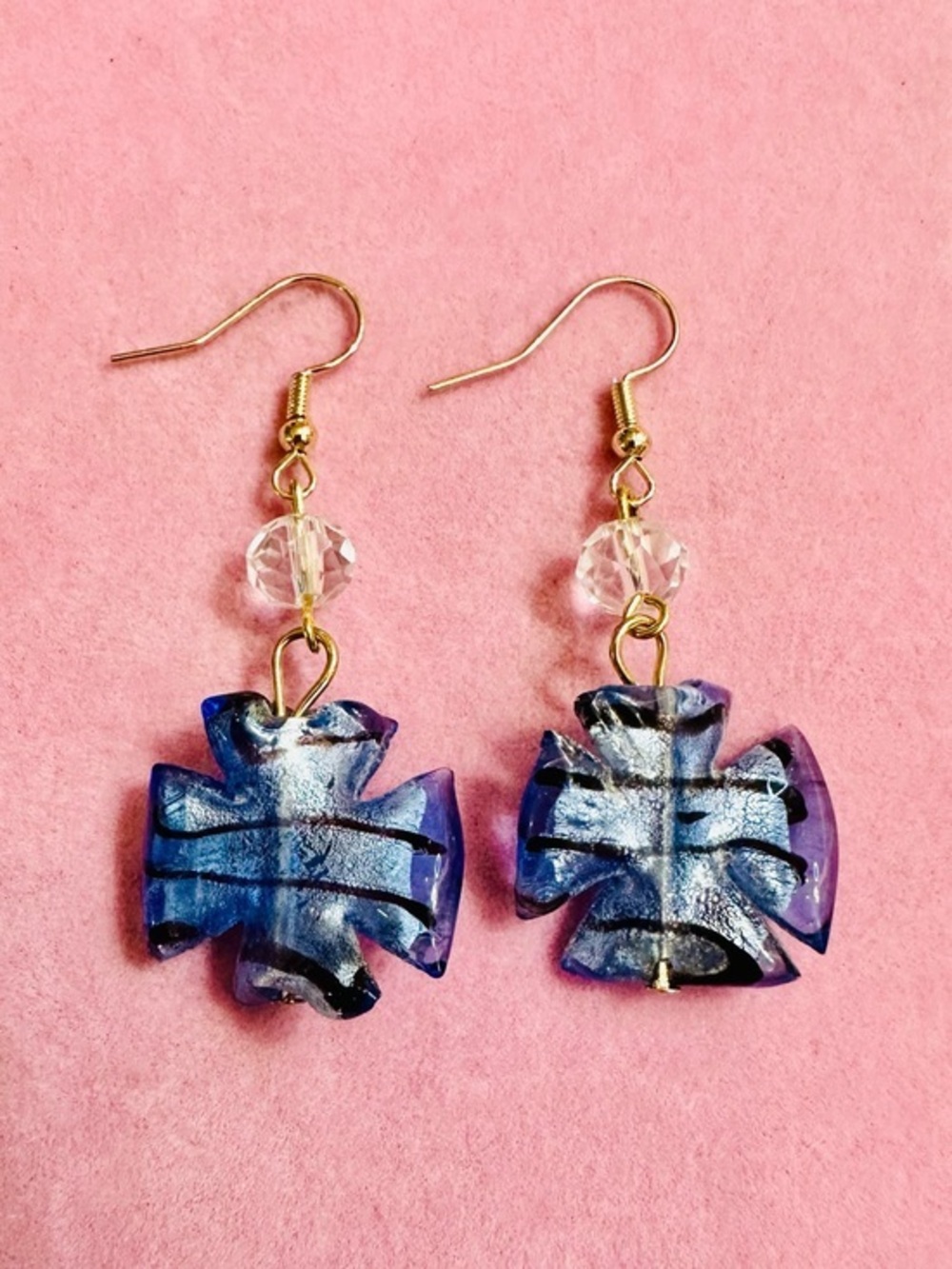 NWT Blue Art Glass Cross Drop Earrings